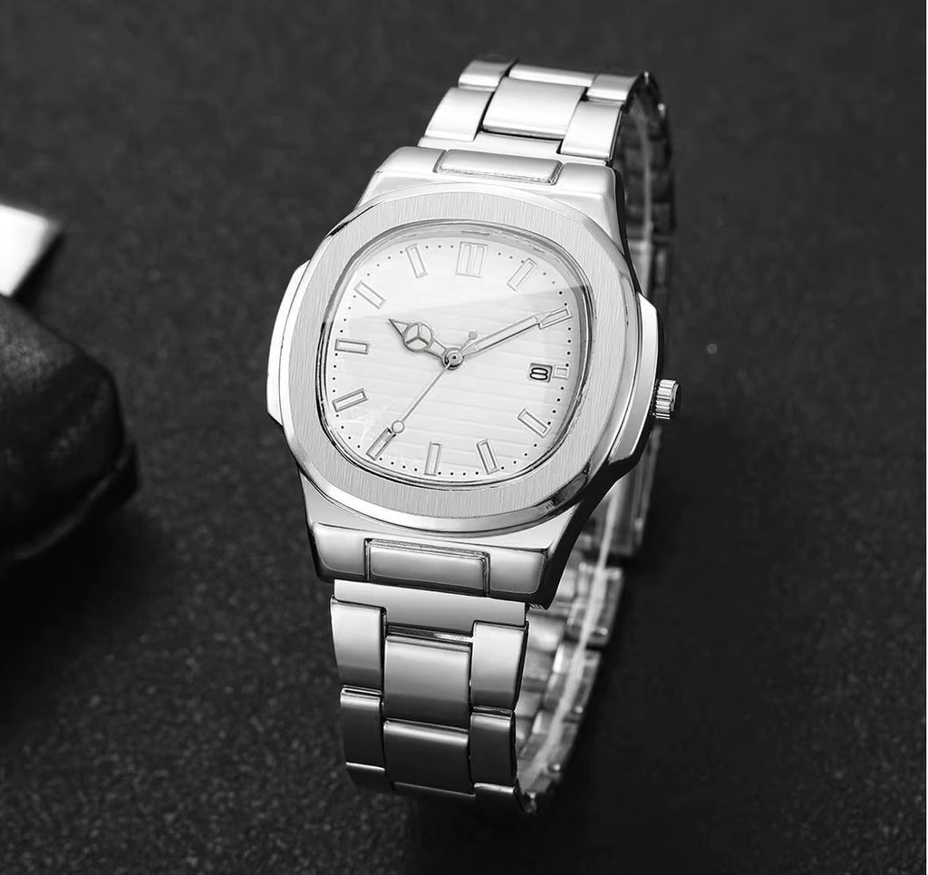 Luxury Men Business Watches Fashion Square Dial Stainless Steel Strap Quartz Watch with Calendar For Mens Clock（Without Box）